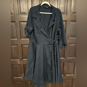 Cute Ashley Stewart, a – line, navy cotton sateen wrap dress